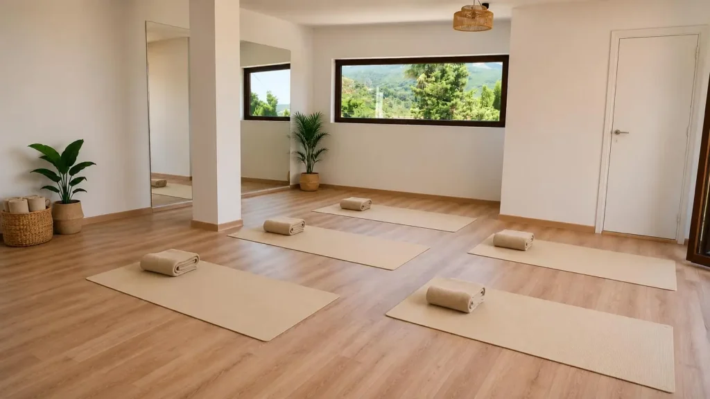 Salle de yoga avec tapis alignés et vue sur la nature
