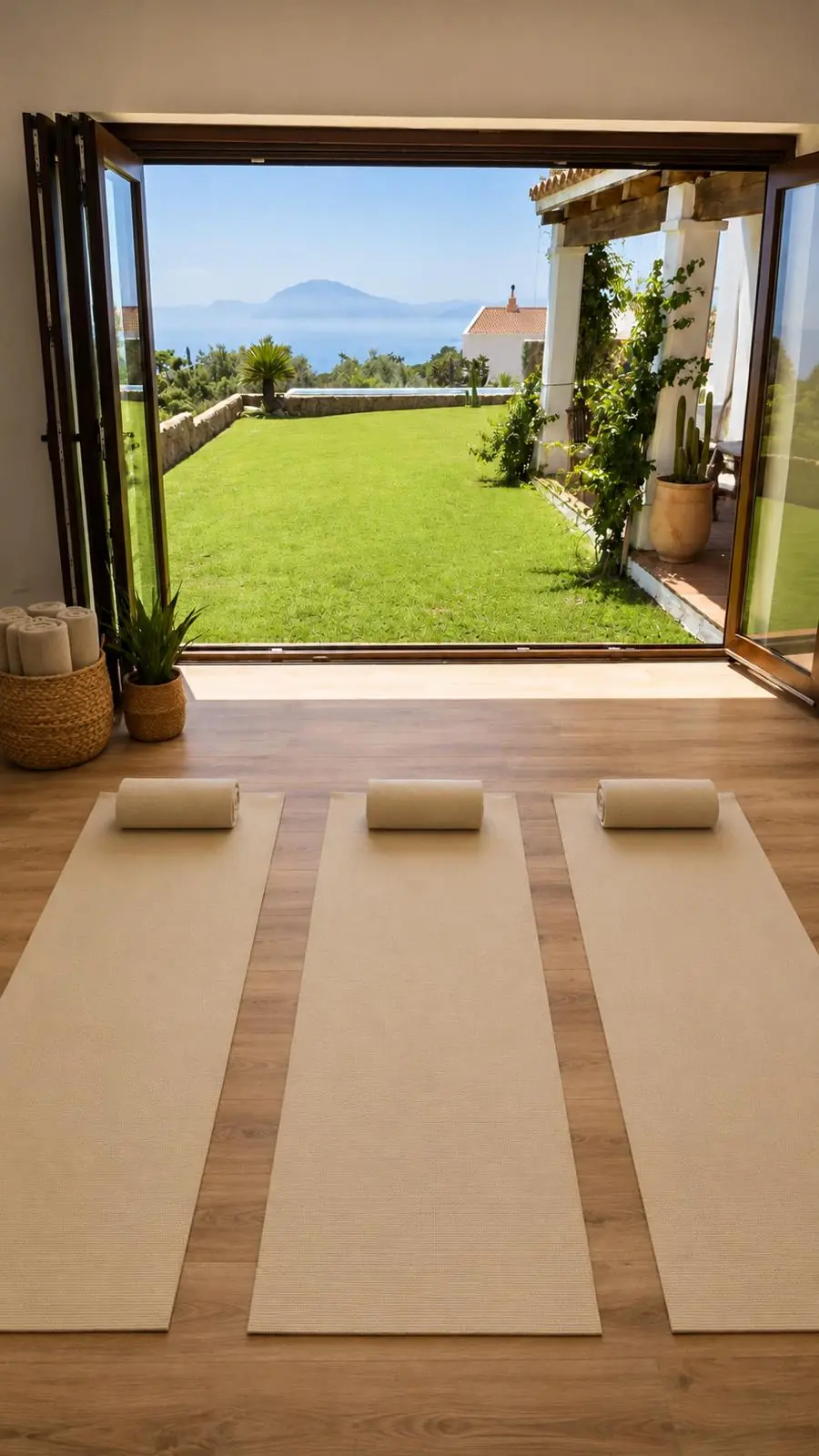 Salle de yoga lumineuse avec tapis déroulés et baie vitrée ouverte sur le jardin
